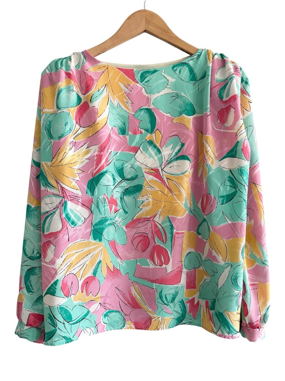 Vintage Tropical Floral Long Sleeve Boatneck Blouse